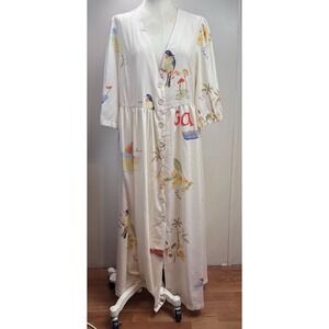 Maxi‎ Dress Button Front Bird Print Casual Long Sleeve Dress Size L GOA Beach